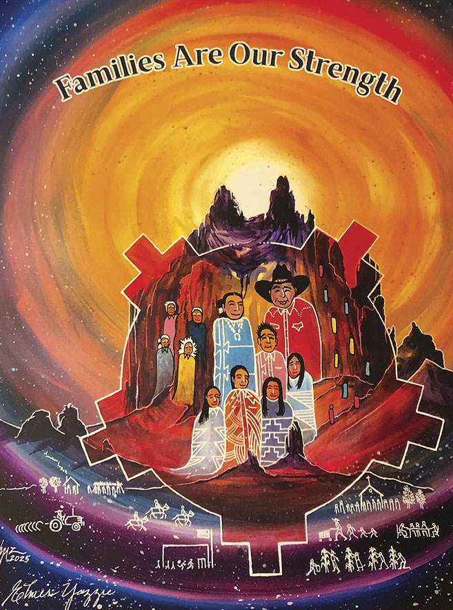 Families stand together in Elmer Yazzie’s winning poster for Northern fair